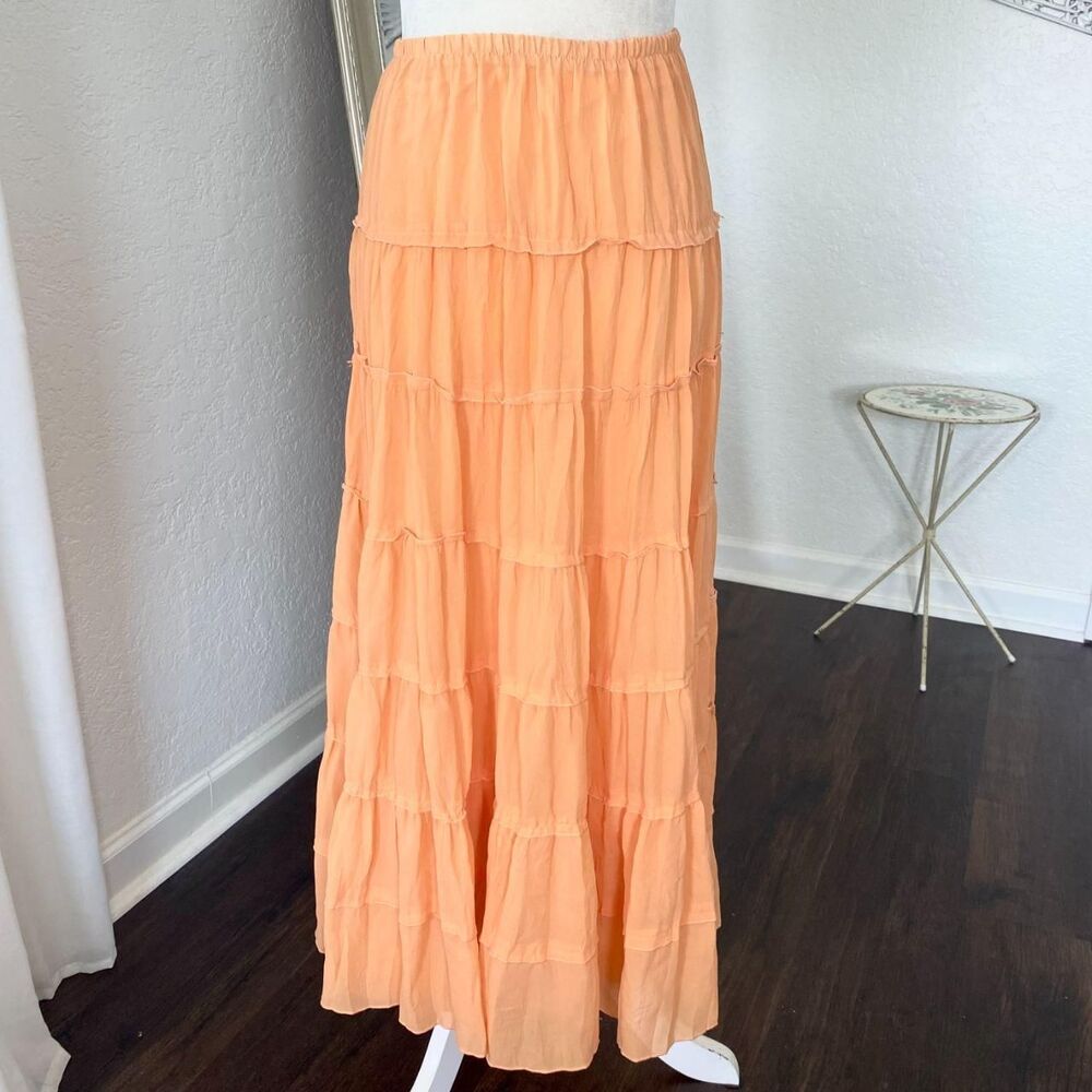 Y2K Peach Orange Flowy Mesh Tiered Midi Maxi Skirt Rene Margo Size M